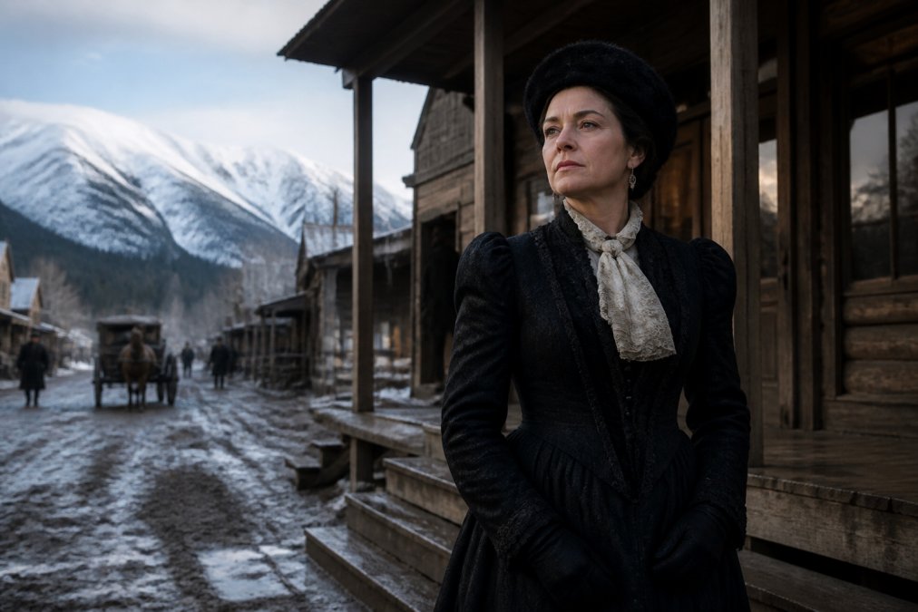 A determined woman in 1890s frontier dress standing outside a wooden hotel in a muddy boomtown, with snow-capped mountains in the background