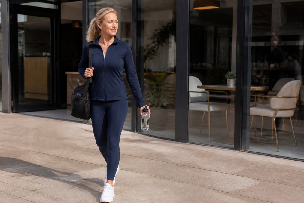 Woman in stylish navy gym clothes walking confidently from a fitness studio to a cafe.