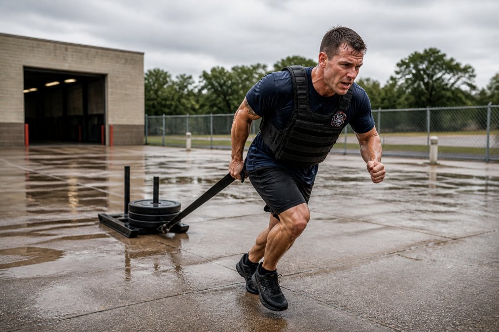 Firefighter performing high-intensity interval training with a weighted sled drag across a training ground, sweat visible, intense effort captured mid-movement