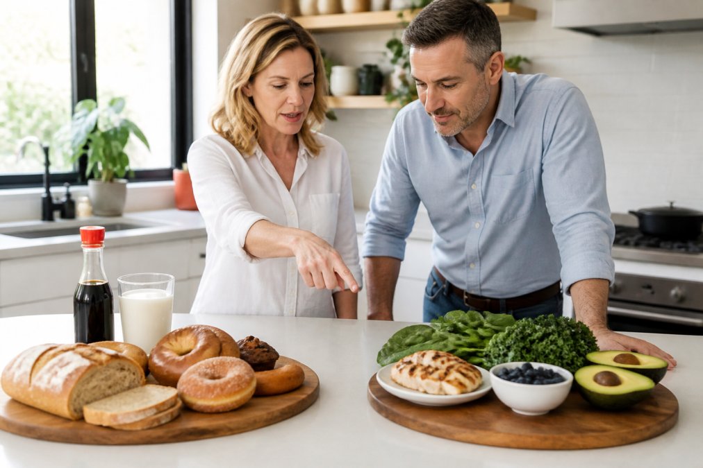 A bright, clean kitchen counter with foods separated into two groups: one side holds gluten-containing bread, a glass of milk, sugary pastries, and a bottle of soy sauce; the other side shows fresh leafy greens, berries, grilled chicken, and avocado. Natural daylight from a window highlights the contrast