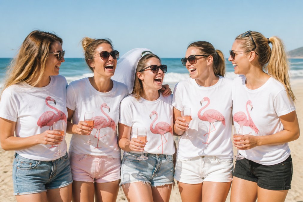 A group of women wearing matching funny graphic tees at a beach gathering, laughing and posing together with drinks in hand, natural sunlight creating vibrant shadows across the colorful designs