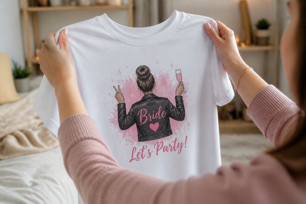 Hands holding a custom-designed bachelorette party t-shirt with a personalized graphic design visible, showing the quality and detail of the print under natural indoor lighting