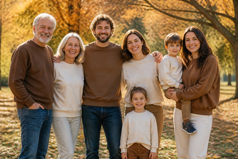 A multi-generational family wearing coordinated custom-designed Thanksgiving sweatshirts in earth tones and cream colors, standing together outdoors in autumn sunlight with fall foliage visible in the background, showcasing how matching group apparel designs create visual unity