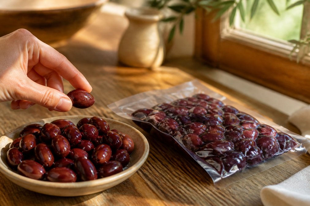 Schaal met glanzende Kalamata-olijven in originele verpakking op een houten tafel, één hand houdt een olijf vast, warm daglicht valt door een raam