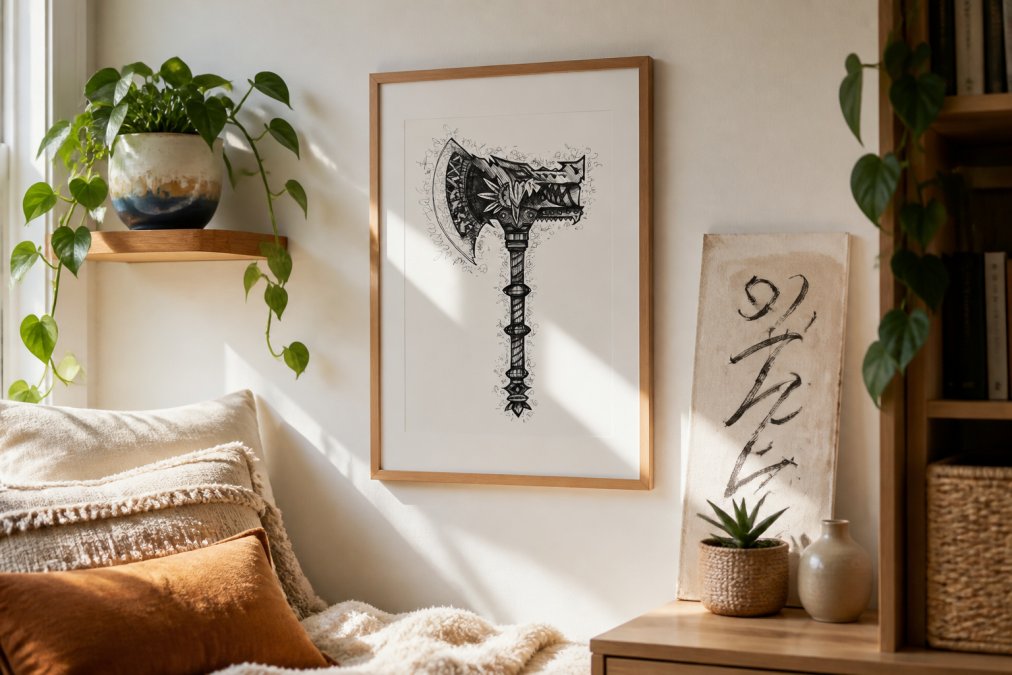 Cozy corner of a small apartment featuring a framed original watercolor print on white walls, a handcrafted ceramic planter with trailing plant on a floating shelf, and a hand-lettered canvas leaning against the wall, with soft natural light streaming across textured textiles