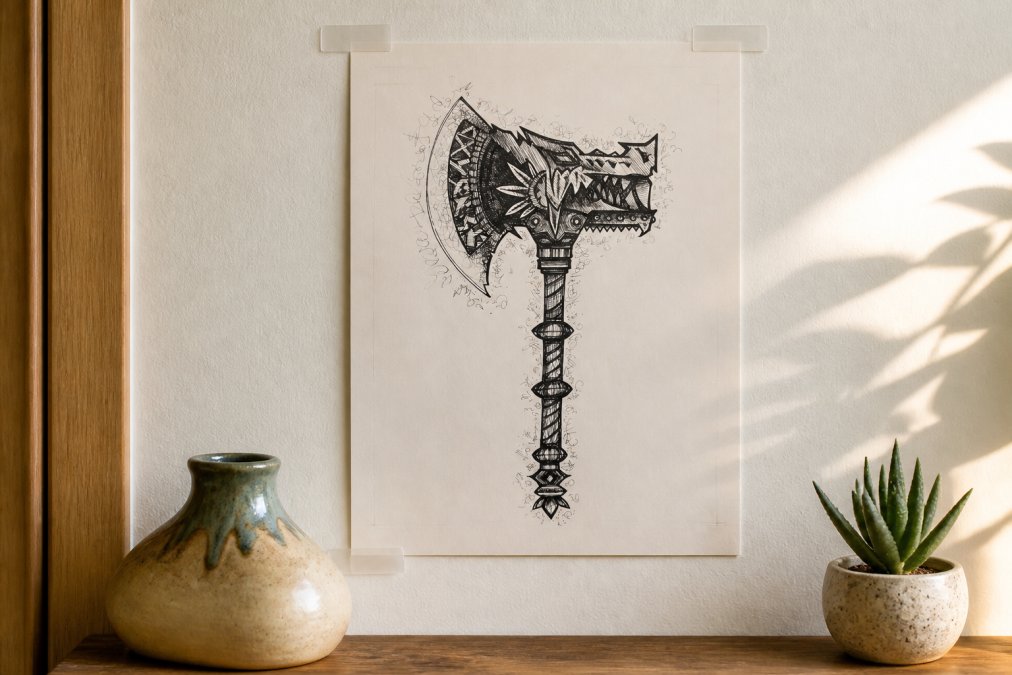 Close-up of adhesive strips securing a framed original watercolor print on a white apartment wall, with a handcrafted ceramic vessel and small potted succulent on a shelf below, demonstrating renter-friendly display methods with soft afternoon light