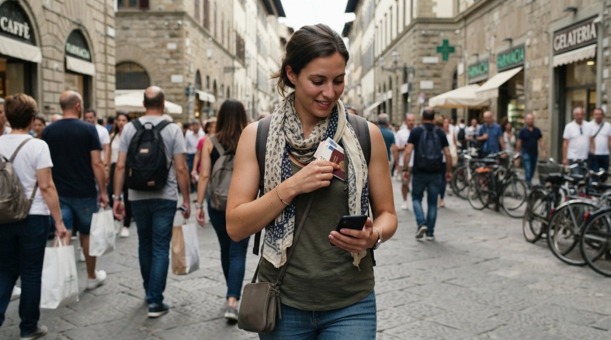 Woman wearing a travel tank top or scarf with hidden pocket security in an urban environment, showing how pickpocket-proof clothing blends naturally into everyday wear while traveling through a crowded city street