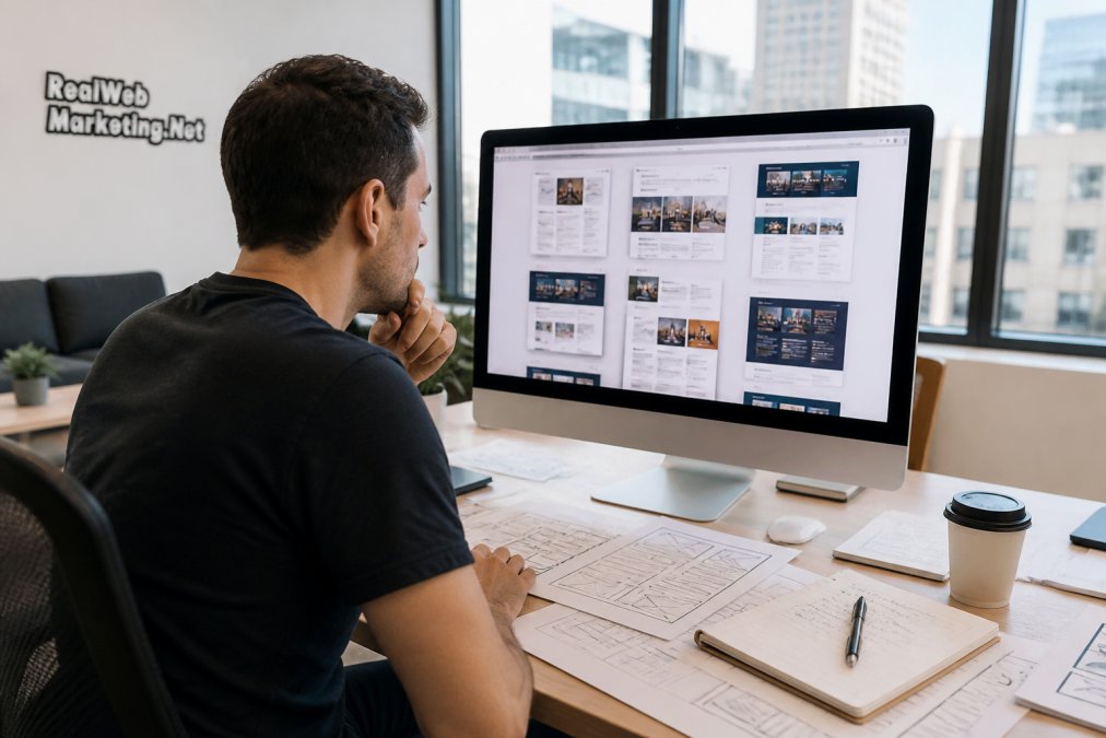 Marketing professional reviewing a high converting website layout on a monitor in a modern office