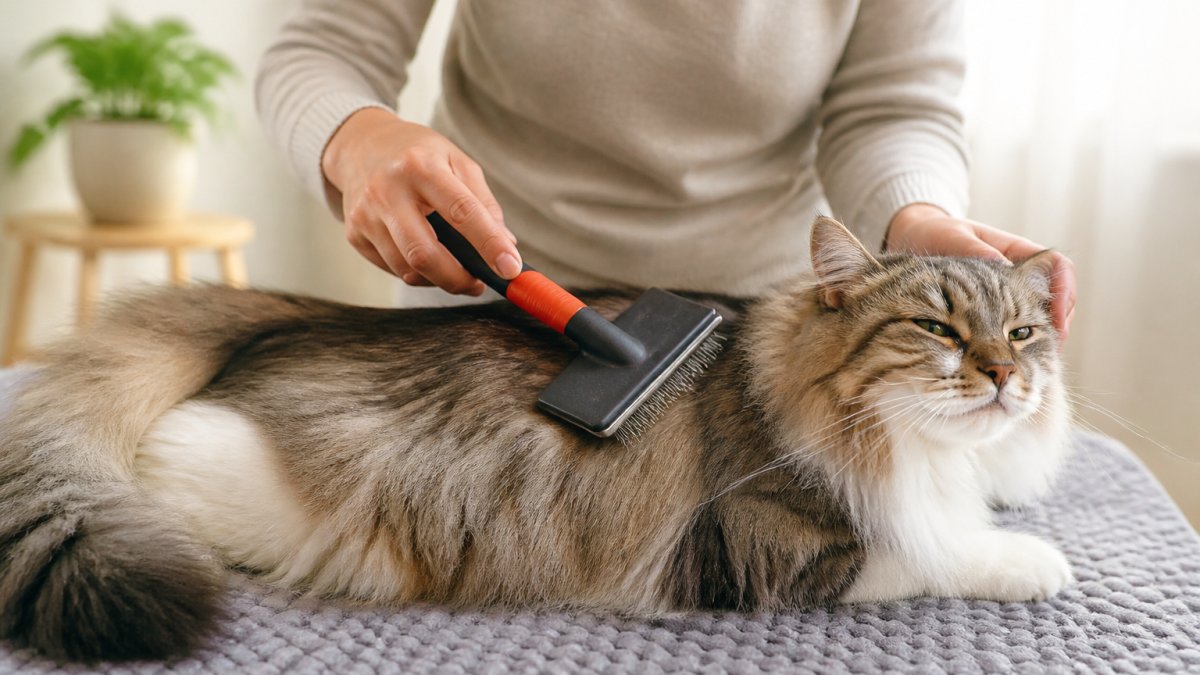 Step-by-step demonstration of using a slicker brush on a long-haired cat to maintain coat health at home