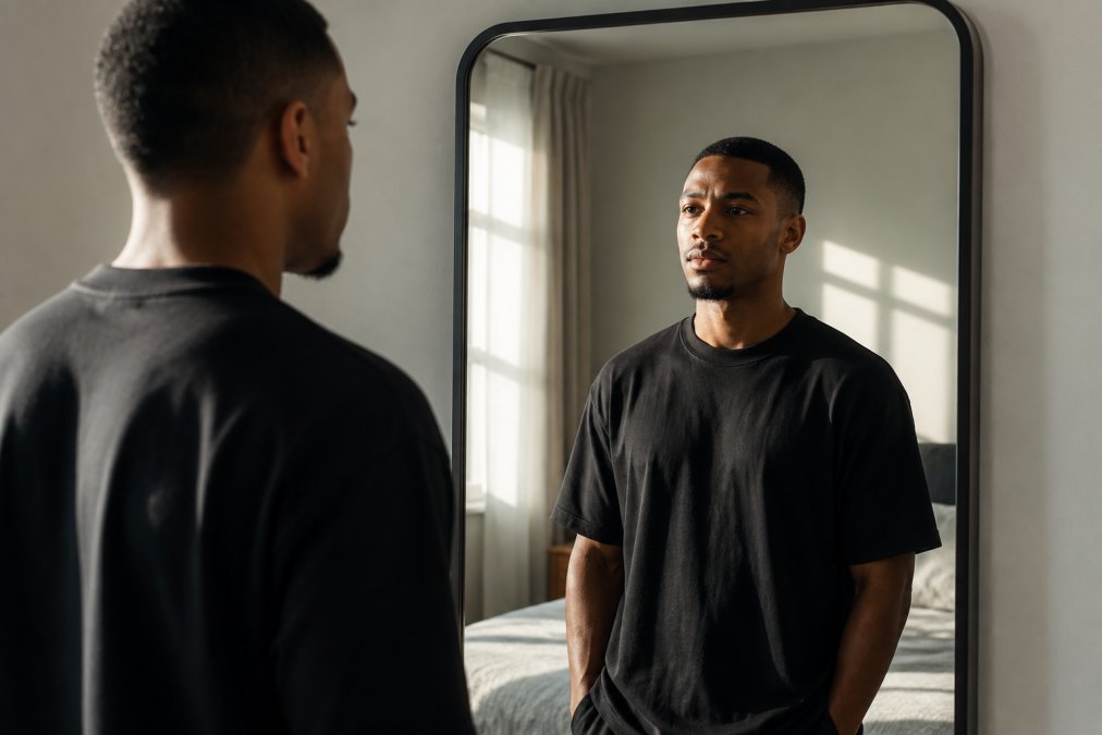 A person in a plain black heavyweight tee standing in front of a mirror in a bright bedroom, looking at their reflection with a calm, determined expression, morning light coming through the window