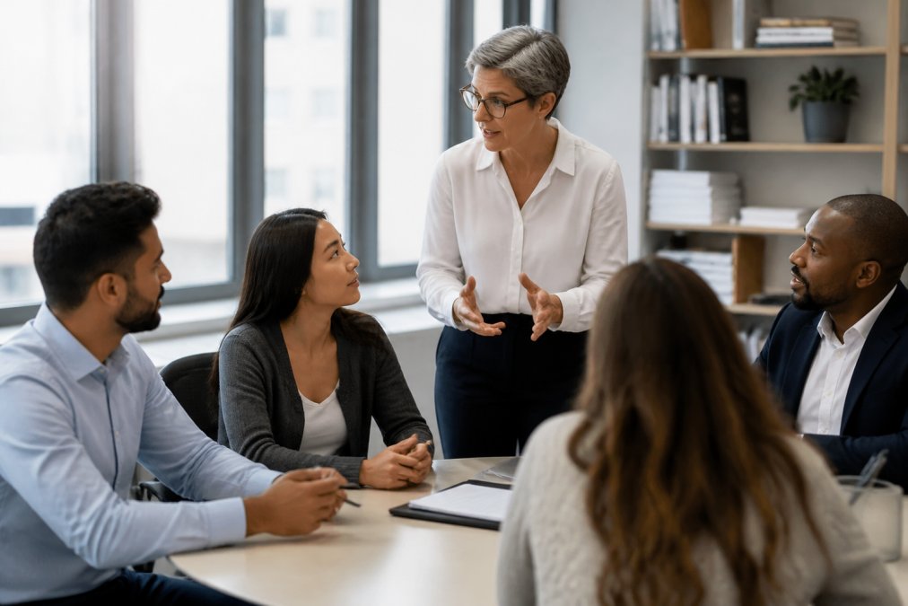 A diverse group of professionals in a modern office setting engaged in a focused discussion, showing active listening and genuine connection across different roles and backgrounds