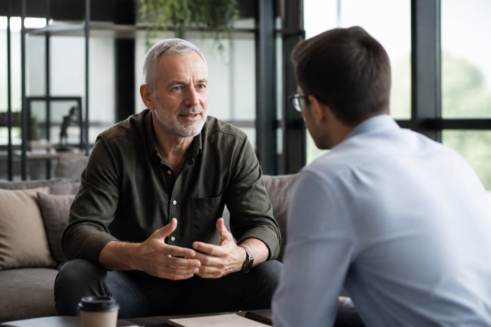 A senior leader having a one-on-one conversation with a team member in a casual office setting, demonstrating empathy, openness, and authentic engagement