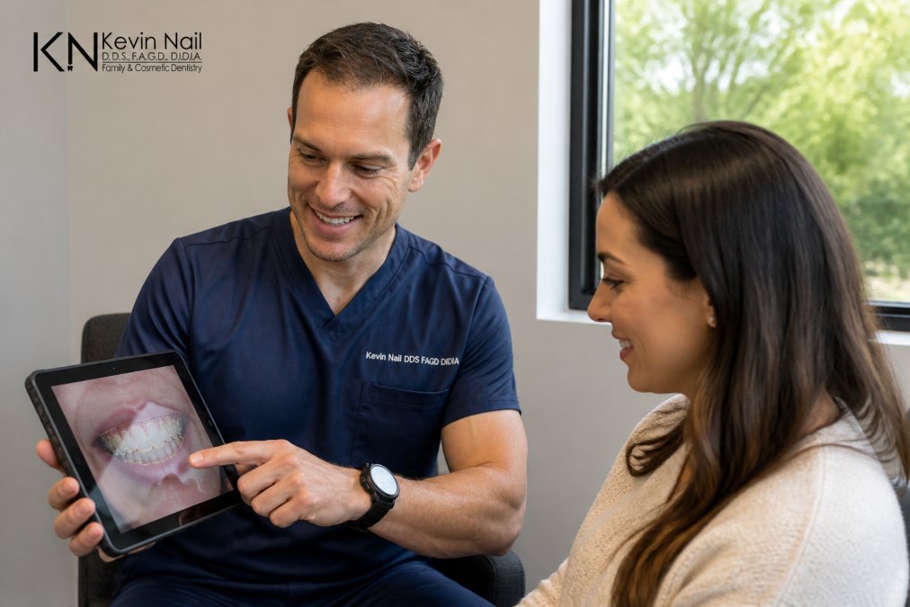 A dentist in a modern office showing a patient a digital preview of their future smile on a tablet screen, both looking at the detailed 3D model with natural window lighting