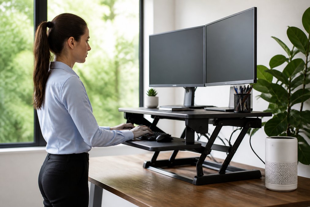 Professional seated at a standing desk converter with dual monitors, proper posture, natural window lighting, organized desk with cable management and a small air purifier visible
