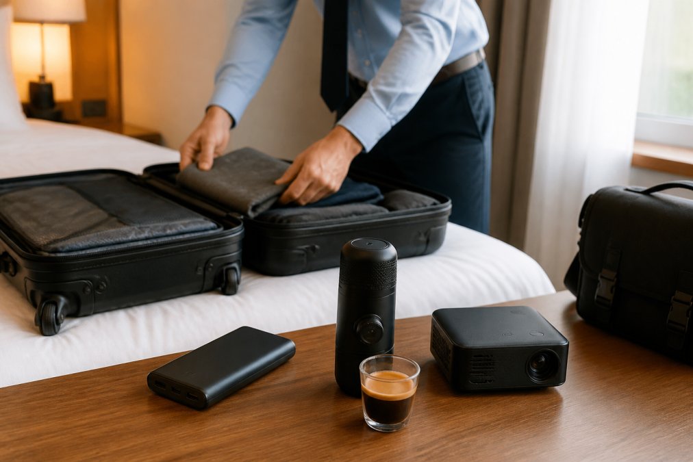 Business traveler packing a carry-on with portable gadgets visible: power bank, portable espresso maker, and compact projector arranged on desk beside open luggage