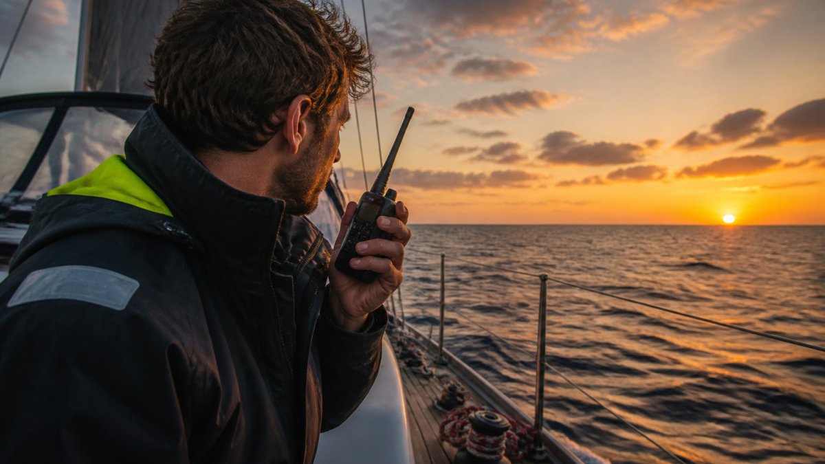 A sailor on the deck of a sailboat at sunset, holding a handheld VHF marine radio while looking out at the open ocean, with navigation equipment visible in the background