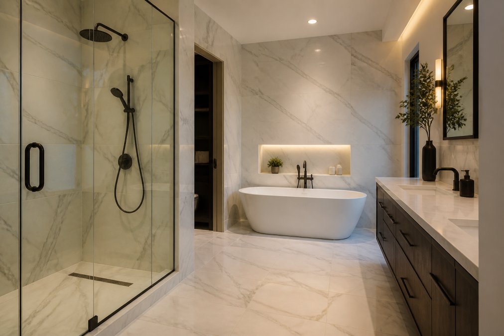 A beautifully renovated modern bathroom featuring large-format porcelain tiles with marble veining on the walls and floor, warm ambient lighting, a freestanding tub, and matte black fixtures