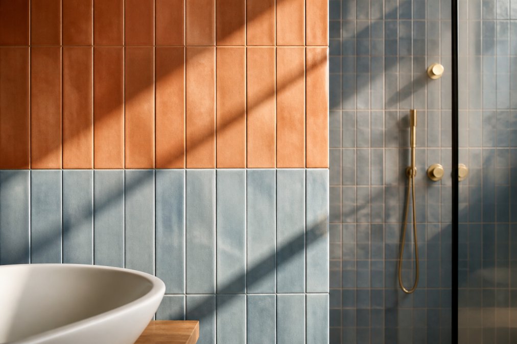 Close-up of a bathroom wall featuring warm terracotta and dusty-blue tile samples arranged in a pattern, with visible grout lines and natural light casting soft shadows across the textured surface