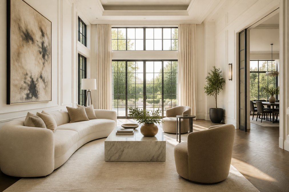 A bright, spacious luxury living room with high ceilings and large windows, featuring a carefully styled seating area with an upholstered sofa, marble coffee table, and soft natural light streaming across the floor