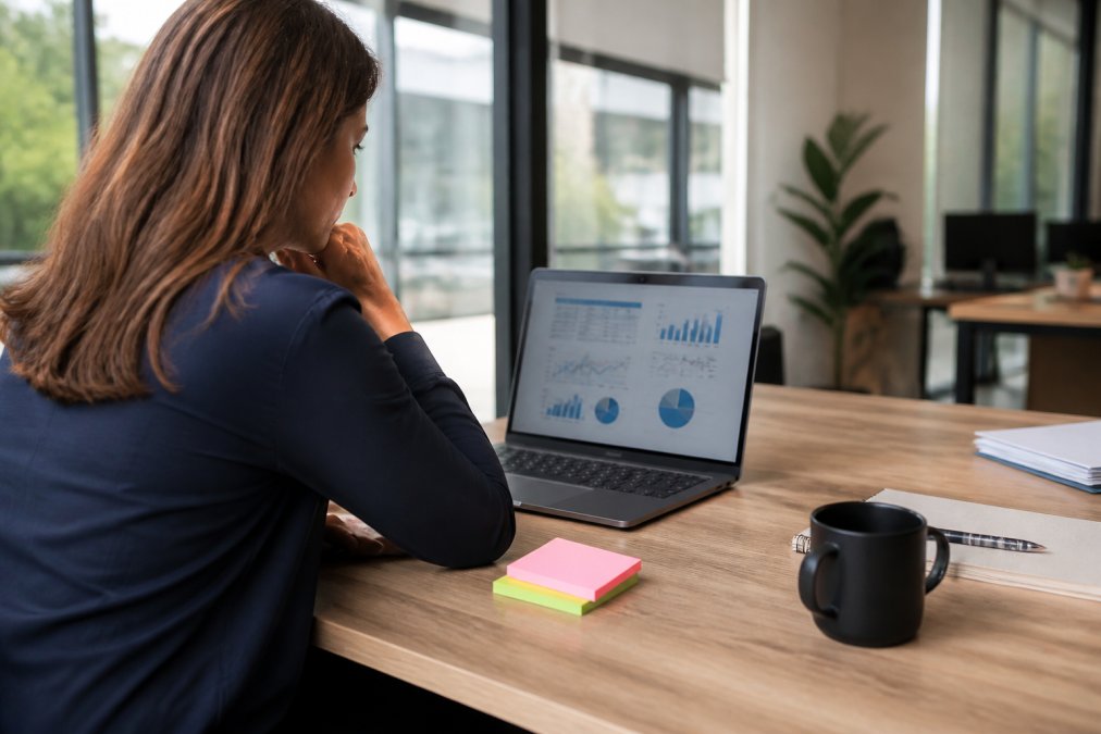 A marketing manager reviewing performance dashboards on a laptop screen in a modern office, with sticky notes and a coffee cup on the desk