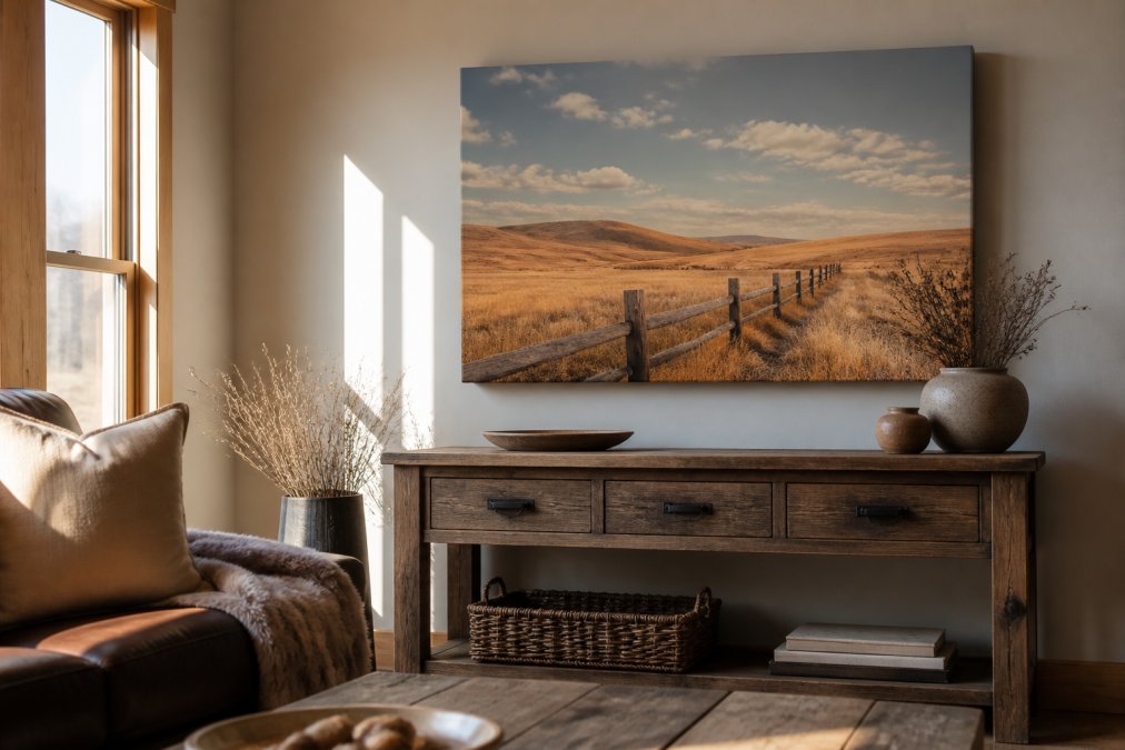 A stretched canvas print of golden prairie fields with a weathered fence displayed above a rustic wooden console table in a bright living room, warm afternoon light streaming through a nearby window