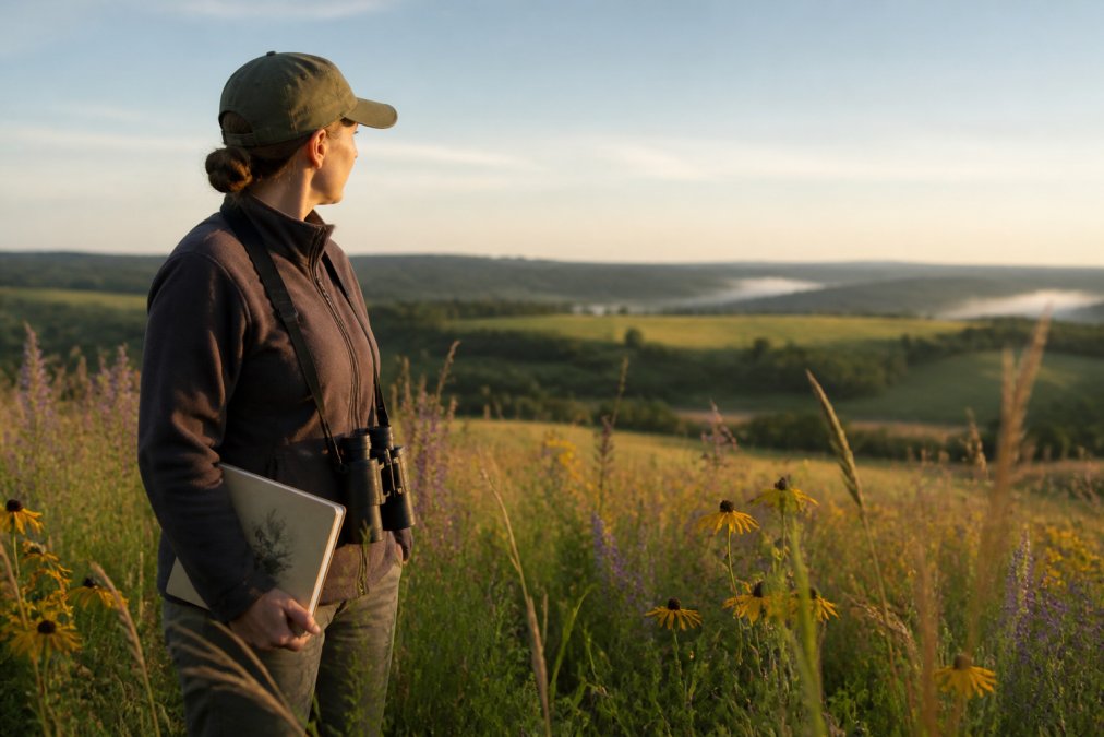 A person standing in an open prairie landscape holding a nature journal and binoculars, surrounded by native wildflowers and grasses, looking toward the horizon on a clear day with soft morning light