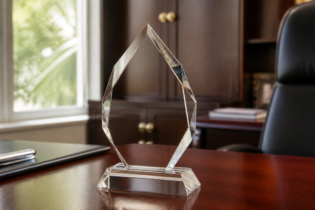 Close-up of an elegantly engraved crystal award catching natural light on a polished office desk, with fine detail visible in the engraving and professional presentation