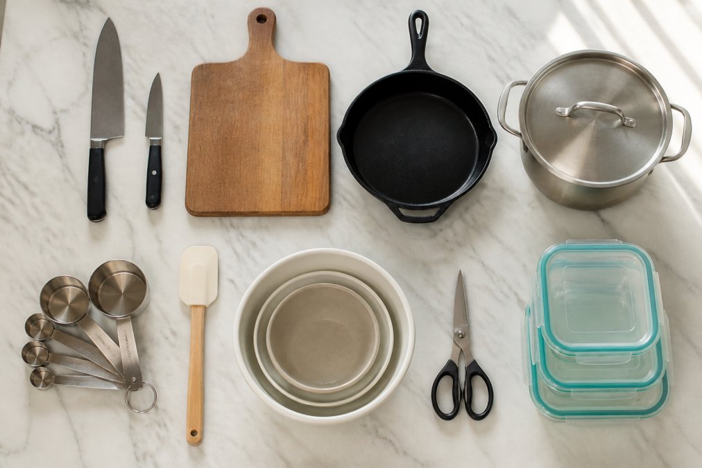 A flat lay of ten essential kitchen tools arranged neatly on a white marble countertop: a chef's knife, paring knife, wooden cutting board, cast iron skillet, stainless steel pot, measuring cups, silicone spatula, mixing bowls, kitchen shears, and glass storage containers, all bathed in soft natural window light