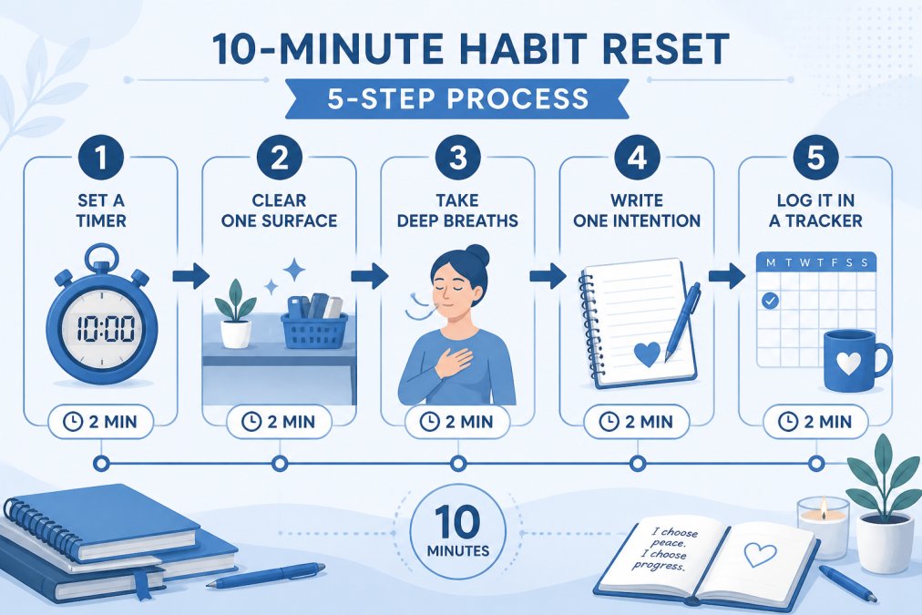 Flowchart showing the 5-step 10-minute habit reset process: 1) Set a timer for 10 minutes, 2) Clear one surface, 3) Take 5 deep breaths, 4) Write one intention, 5) Log it in a tracker