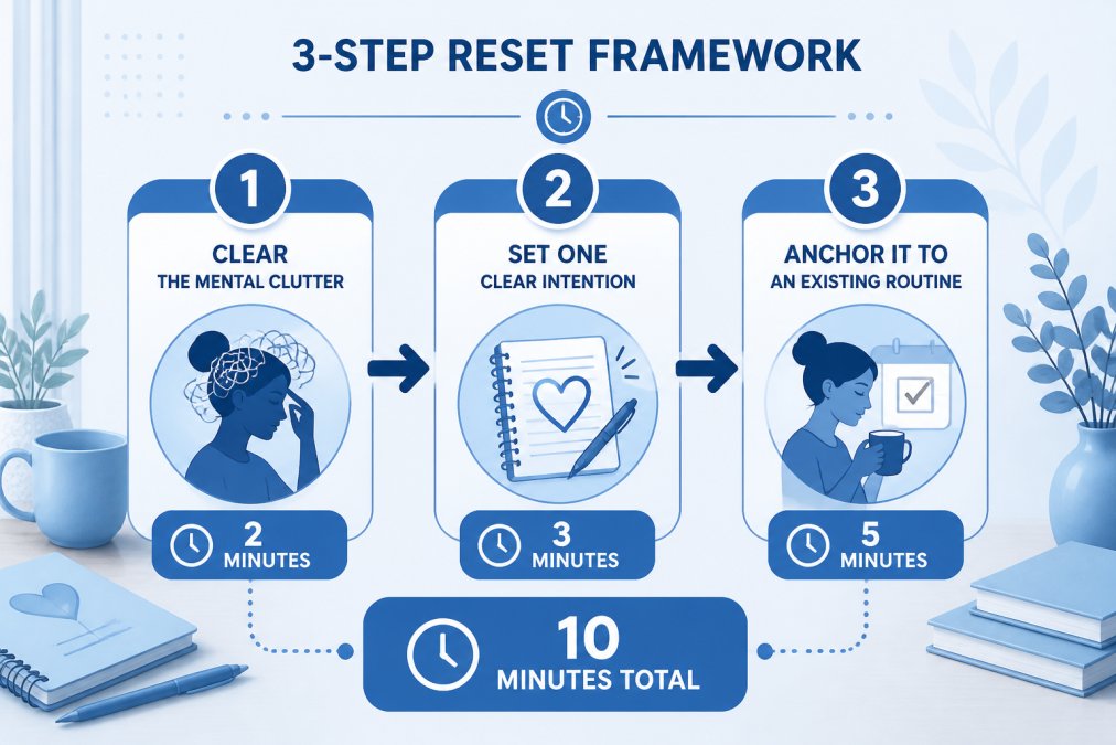 Flowchart showing the 3-step reset process: Step 1 Clear the Mental Clutter (2 minutes), Step 2 Set One Clear Intention (3 minutes), Step 3 Anchor It to an Existing Routine (5 minutes), with the total time labeled as 10 minutes