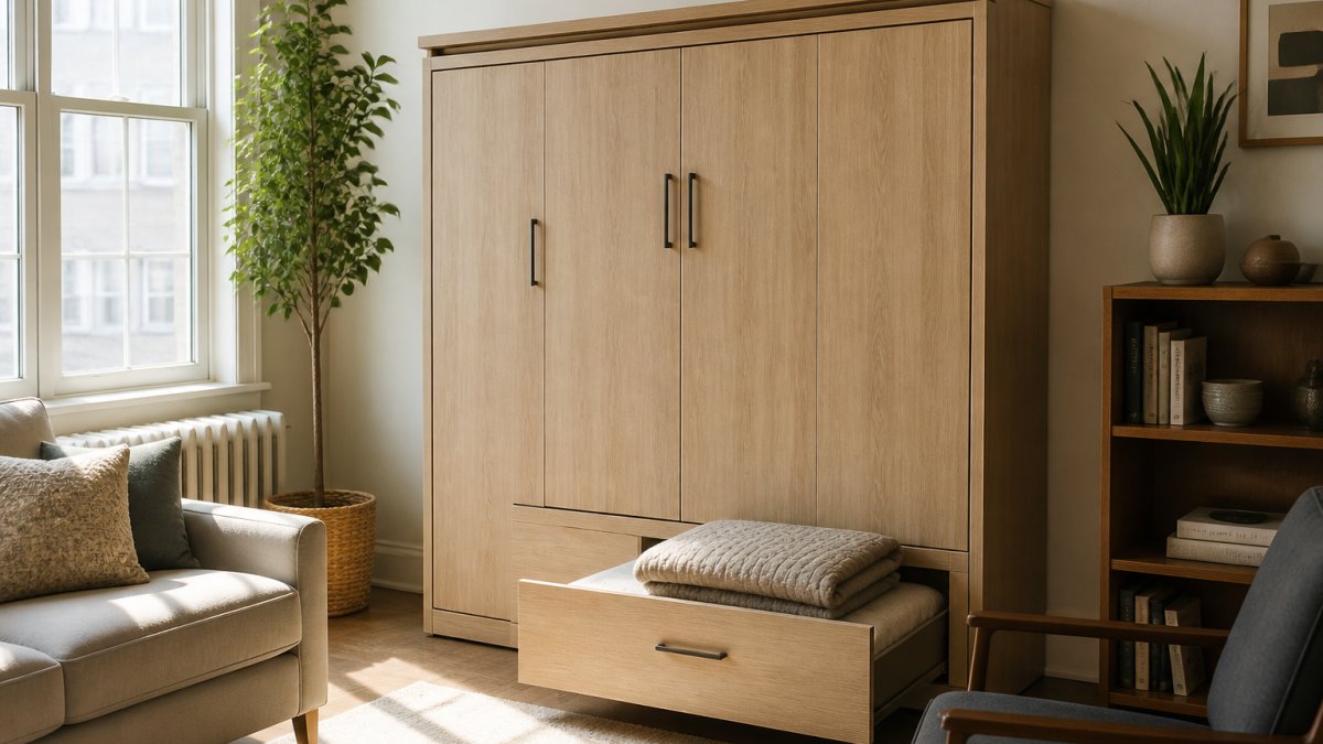 Closed light-finish wooden cabinet bed in a sunlit living room with a quilt on top and an open storage drawer