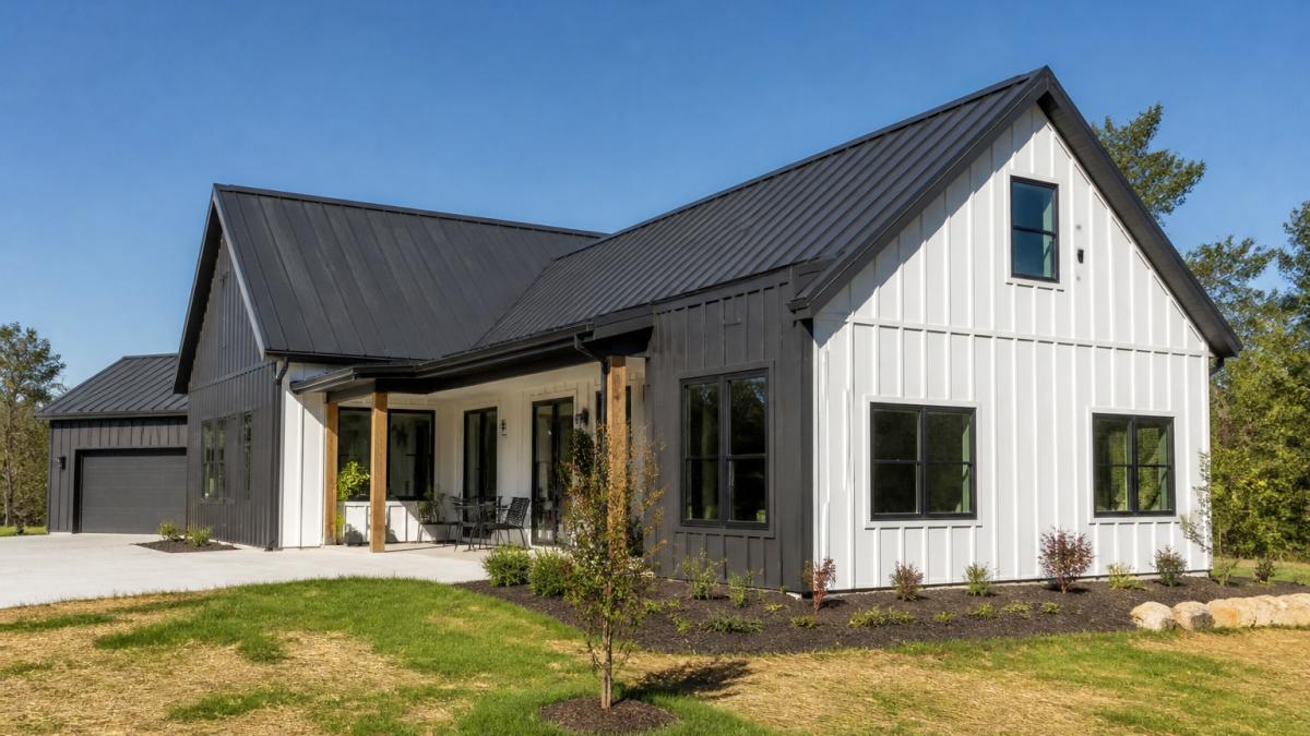 Modern home exterior with clean lines, large windows, and minimal ornamentation using simple materials like metal siding and board-and-batten in natural daylight
