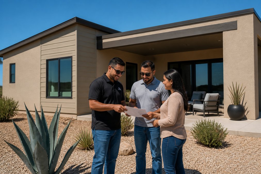 A modern single-story El Paso home exterior with fresh tan stucco, fiber cement siding accents, gravel landscaping with agave plants, and a covered patio, photographed under a clear blue desert sky