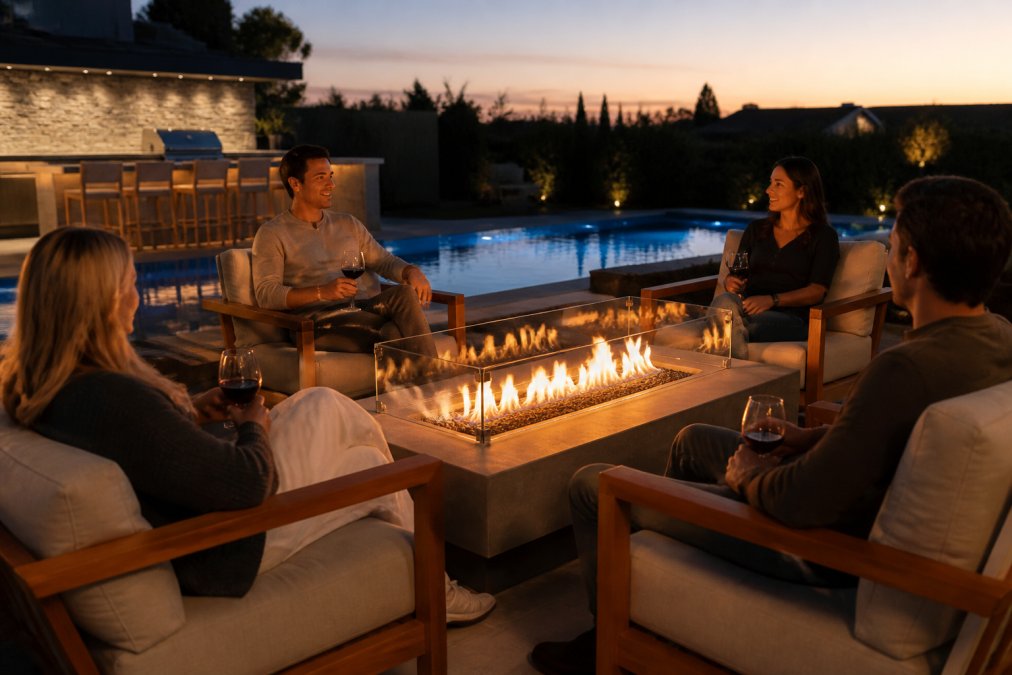 A modern outdoor patio at dusk with a linear fire table surrounded by teak seating, glass wind guard, and ambient lighting reflecting off a nearby pool