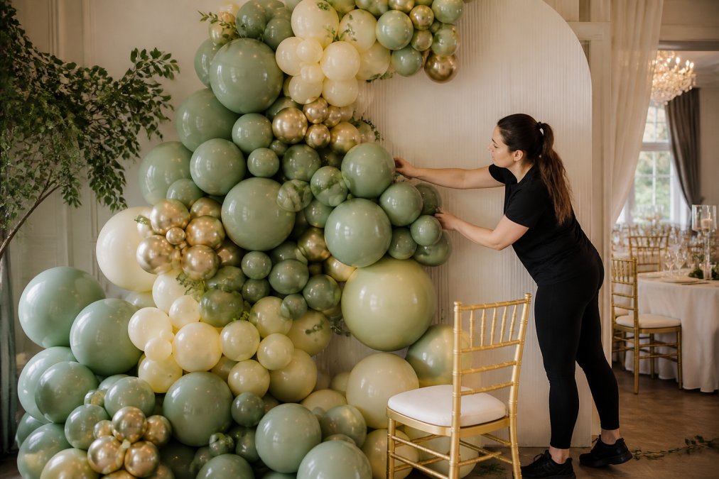 Professional balloon artist arranging organic balloon garland backdrop in soft sage green, cream, and gold tones with mixed latex and shimmer finishes at elegant wedding venue