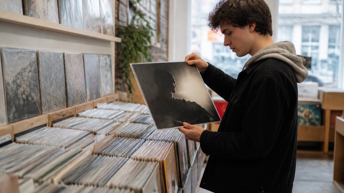 A young collector browsing rows of vinyl records in a bright independent record shop, holding a sleeve up to the light