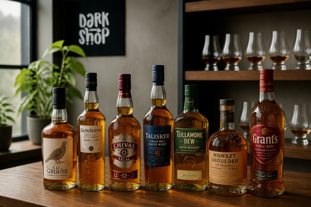 Kolekcja butelek whisky na prezent ustawiona na drewnianym blacie obok szklanek typu glencairn w świetle dziennym