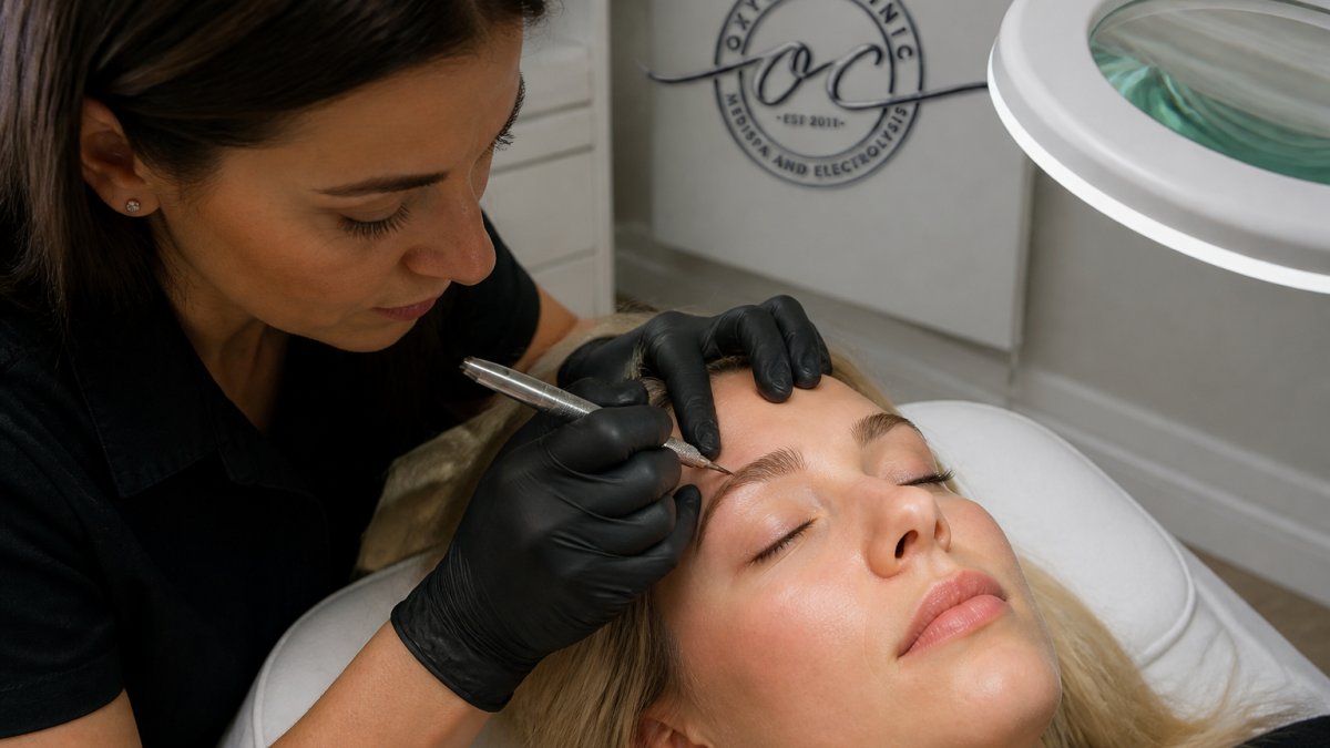 Professional microblading artist demonstrating natural hair-like stroke technique on blonde woman's eyebrow in bright clinical setting with magnified view