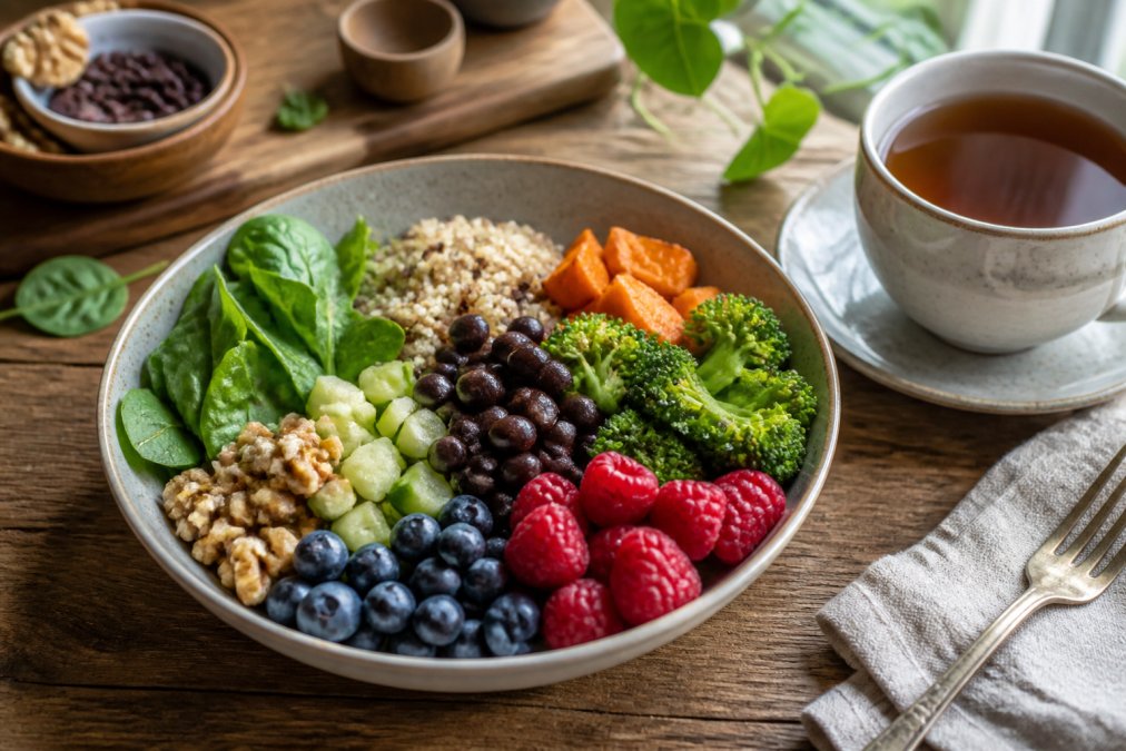 Infographic showing fiber-rich plant foods to help prevent type 2 diabetes through balanced meal building.
