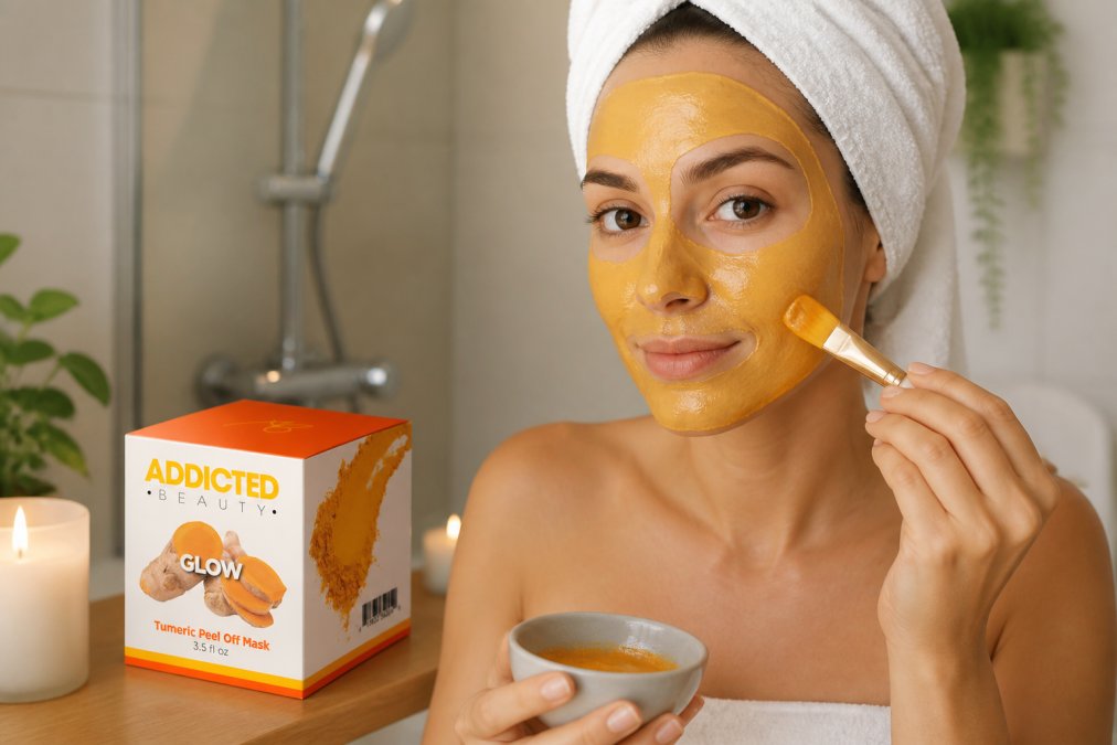 Close-up van een vrouw die een goudkleurig peel-off masker aanbrengt op haar gezicht, zachte badkamerverlichting, rustgevende sfeer met een witte handdoek om haar hoofd