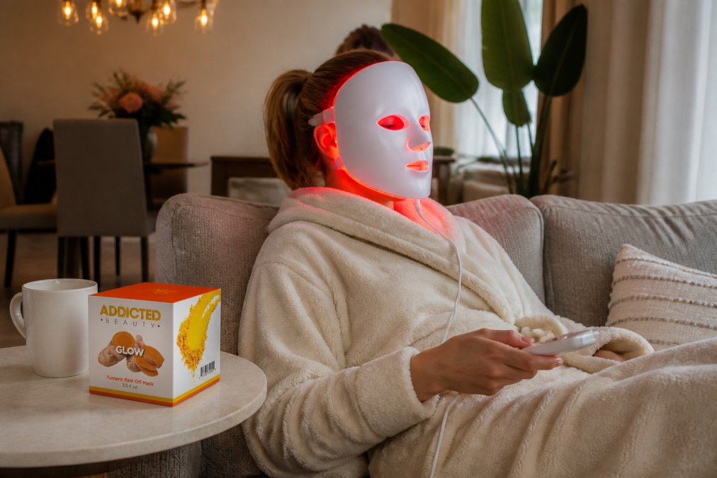Persoon die een LED lichttherapie-apparaat op het gezicht gebruikt terwijl ze ontspannen op een bank zit, modern interieur op de achtergrond, warm licht in de ruimte