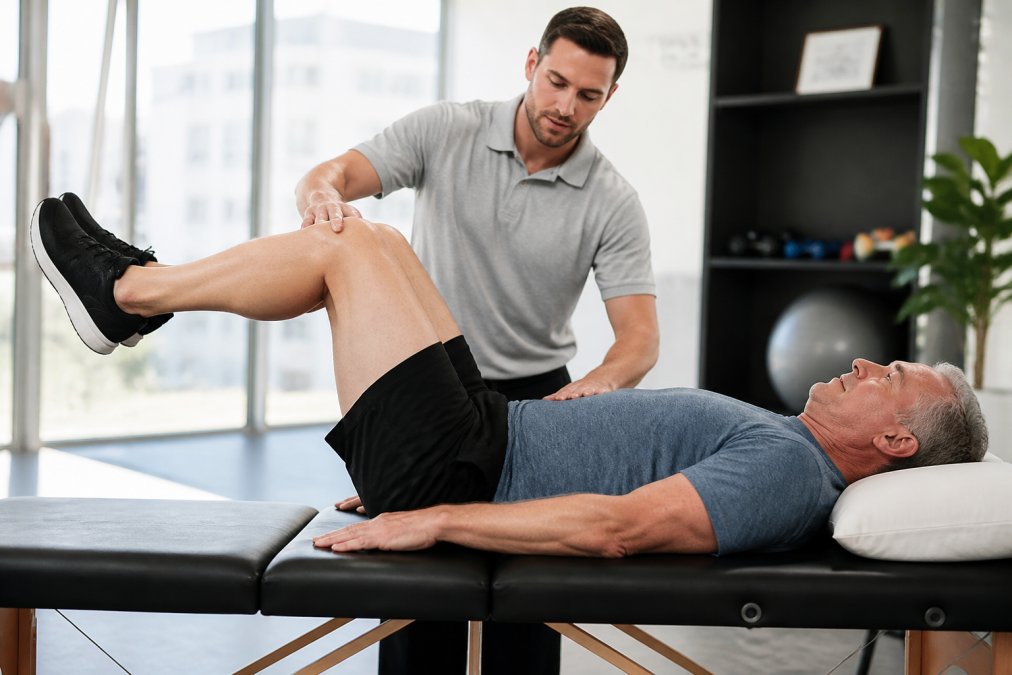Physical therapist guiding patient through core strengthening exercise on treatment table in bright clinical setting with natural light