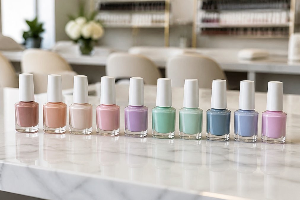 A neat row of assorted non-toxic nail polish bottles in various pastel colors arranged on a white marble counter in a bright, modern nail salon