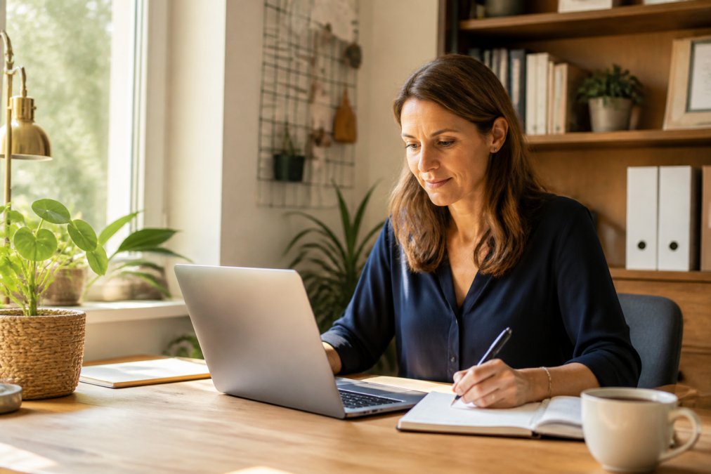 Une coach travaillant à un bureau ordonné, ordinateur portable affichant un calendrier et des notes clients, lumière naturelle chaude, tasse de café à proximité, bureau à domicile professionnel