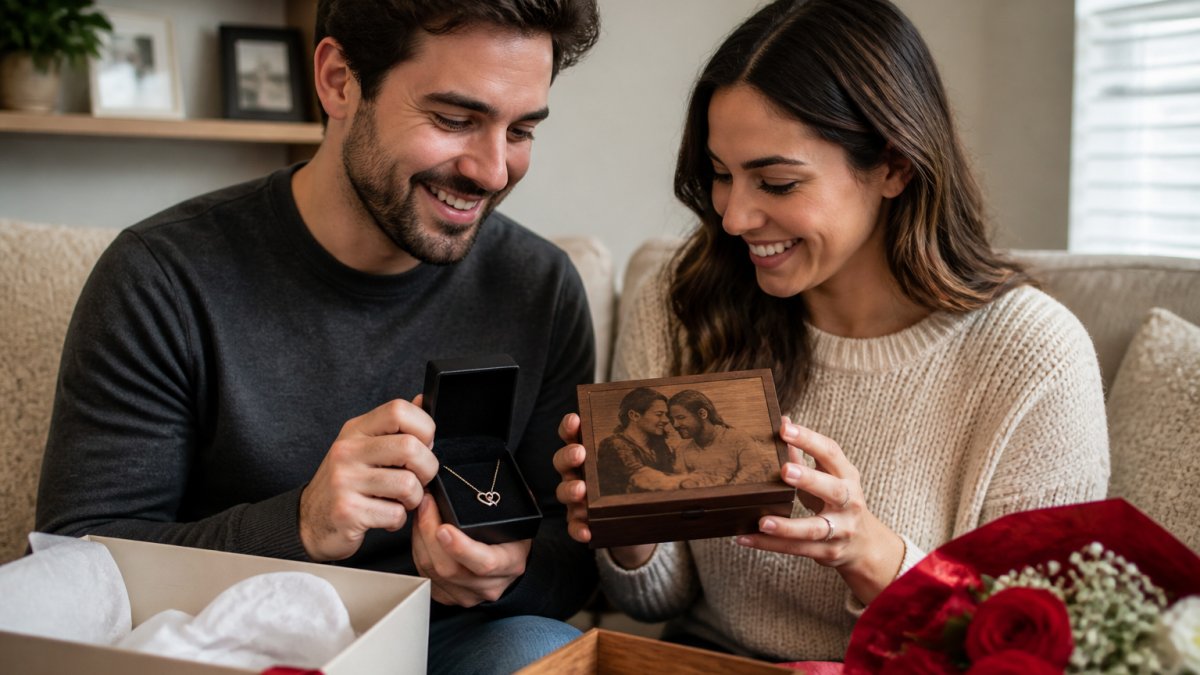 Couple exchanging and admiring personalized anniversary gifts including engraved jewelry and custom keepsakes on their anniversary, showing genuine emotional connection and joy as they examine the details together