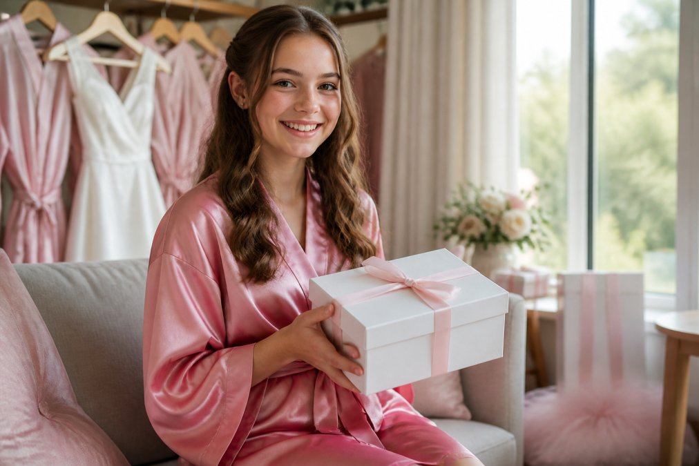 A teenage girl wearing a monogrammed satin robe, smiling while holding a personalized gift box, with wedding party accessories in the background