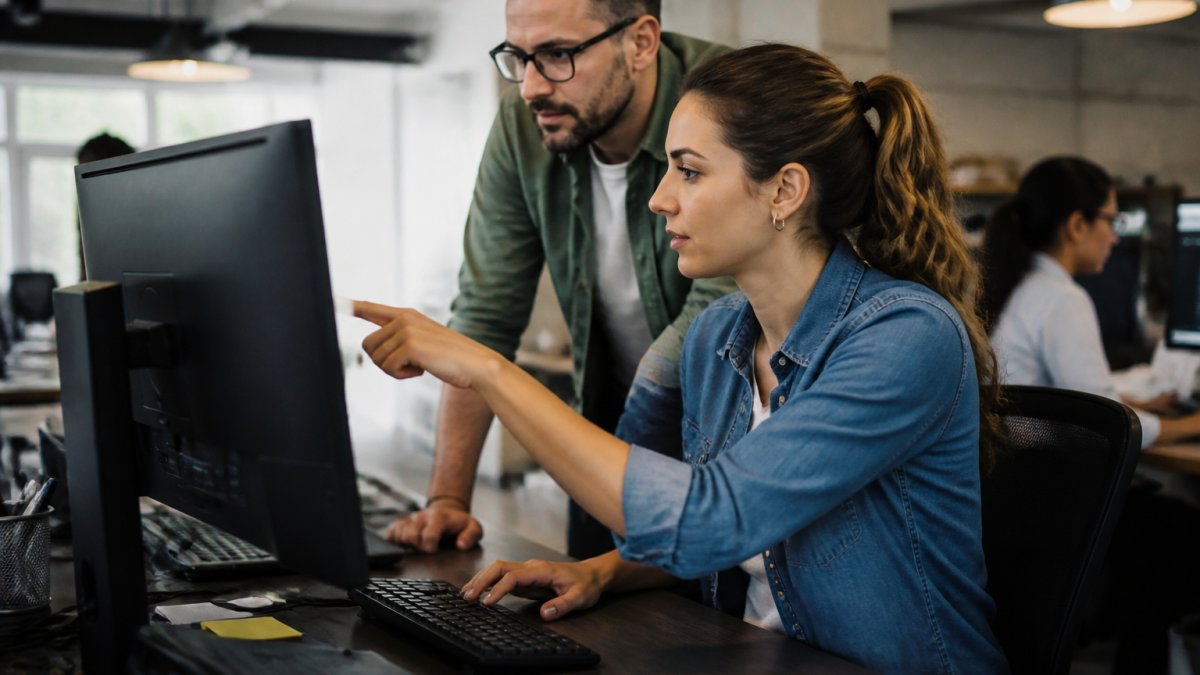 An employee at a desk pointing at a suspicious email on their computer screen while a colleague looks on, in a modern office setting