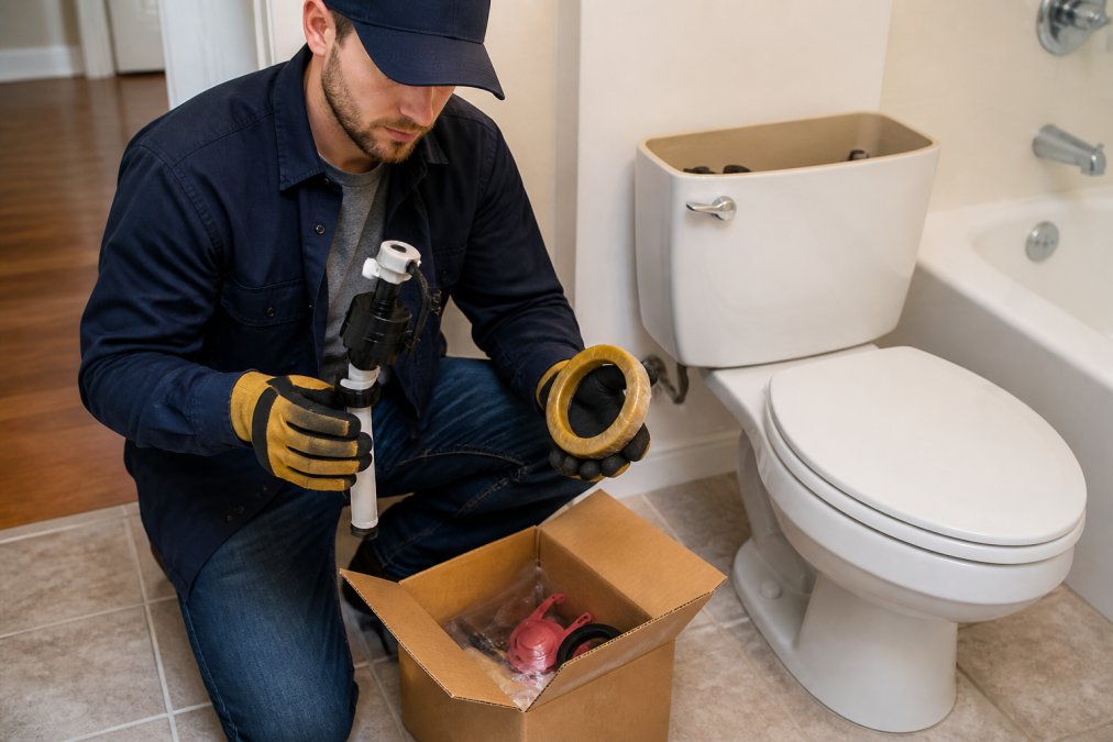 A maintenance technician in work gloves kneeling beside an open toilet tank in a vacant apartment bathroom, holding a Fluidmaster fill valve and a wax ring seal, with a parts box on the tile floor beside him