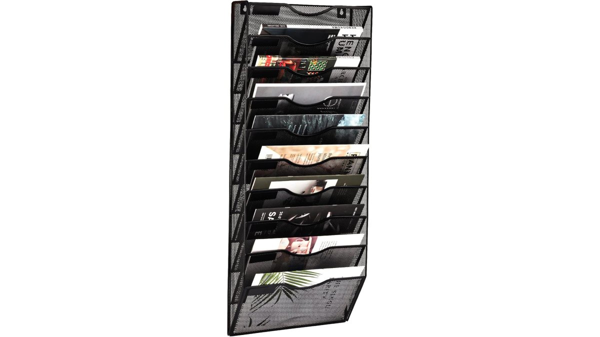 10 Pocket Mesh Hanging Wall File Organizer, Wall Mounted Mail Paper Document Folder Holder, Clipboard Storage Organization Magazine Rack with Nametag Label for Office Home School, Black