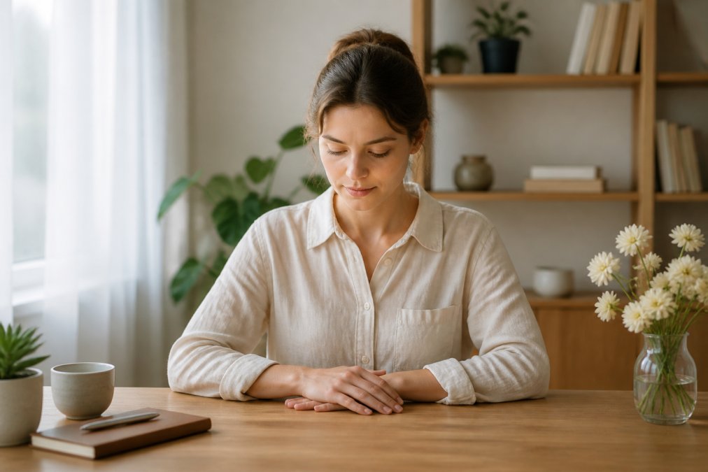 Person sitting calmly in a bright, quiet workspace with hands resting gently on desk, eyes focused downward in a moment of grounding and presence